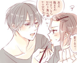 Rule 34 | 1boy, 1girl, applying makeup, bangs pinned back, black hair, blush, brown eyes, brown hair, collarbone, embarrassed, from side, grey eyes, hair ornament, hairclip, makeup, makeup brush, nezumi (no.6), no.6, open mouth, safu, shiro (shounen to hero), short hair, speech bubble, talking, text focus, thought bubble, translation request, turtleneck, upper body