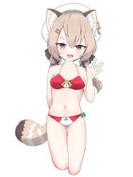 Rule 34 | 1girl, absurdres, alternate costume, animal ears, belly, bra, breasts, brown hair, commission, hair ornament, hairclip, hat, highres, knees up, komachi panko, navel, open mouth, panda ears, panda tail, panties, phase connect, red eyes, ribbon, short hair, simple background, small breasts, twintails, underwear, underwear only, virtual youtuber, white background