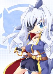 Rule 34 | 1girl, belt, blue eyes, eyepatch, fangs, jacket, jewelry, long hair, looking at viewer, necklace, no nose, otomimi infinity, pirate, reku, skirt, smile, solo, sparkle, sword, tomajiri sango, weapon, white hair