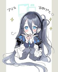 Rule 34 | 1girl, absurdly long hair, akakokko, aris (blue archive), black hair, black hairband, blue archive, blue eyes, blue necktie, blush, closed mouth, double v, green halo, hairband, halo, highres, jacket, long hair, long sleeves, looking at viewer, necktie, one side up, open clothes, open jacket, solo, upper body, v, very long hair, white jacket