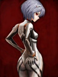 Rule 34 | 1girl, ass, ayanami rei, blue hair, bodysuit, breasts, hand on own ass, hand on own hip, hip focus, hiro1984, latex, looking back, neon genesis evangelion, plugsuit, red eyes, short hair, skin tight, small breasts, solo