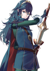 Rule 34 | 1girl, ameno (a meno0), armor, belt, blue cape, blue eyes, blue gloves, blue hair, blue sweater, brown belt, cape, closed mouth, expressionless, falchion (fire emblem), fingerless gloves, fire emblem, fire emblem awakening, gloves, hair between eyes, holding, holding sword, holding weapon, long hair, looking at viewer, lucina (fire emblem), nintendo, pauldrons, red cape, ribbed sweater, sheath, shoulder armor, simple background, solo, sweater, sword, tiara, two-tone cape, weapon, white background