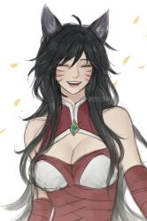 Rule 34 | 1girl, :d, ^ ^, absurdres, ahri (league of legends), animal ears, artelsia, artist name, bare shoulders, black hair, breasts, cleavage, cleavage cutout, closed eyes, clothing cutout, cowlick, facial mark, fangs, fox ears, fox girl, highres, large breasts, league of legends, official alternate costume, open mouth, ruined king: a league of legends story, simple background, smile, solo, upper body, whisker markings, white background