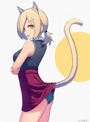 Rule 34 | 1girl, amekaze yukinatsu, animal ears, bad id, bad pixiv id, blonde hair, blue panties, breasts, cat ears, cat tail, clothes lift, crossed arms, female focus, from side, hair ornament, highres, open mouth, original, panties, pantyshot, short hair, short ponytail, skirt, skirt lift, solo, tail, underwear, x hair ornament