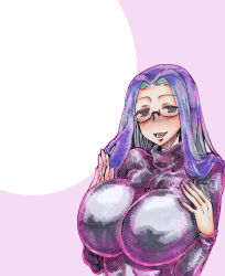 Rule 34 | 1girl, breasts, brown eyes, fate/stay night, fate (series), glasses, highres, kikuta, large breasts, long hair, looking at viewer, marker (medium), medusa (fate), medusa (rider) (fate), millipen (medium), open mouth, purple hair, smile, solo, square pupils, sweater, teeth, tongue, traditional media, turtleneck, turtleneck sweater, upper body