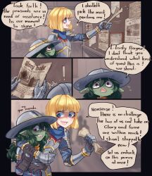 Rule 34 | !, 2girls, :d, ^^^, absurdres, armor, blonde hair, blue eyes, brown gloves, colored skin, comic, commentary, english commentary, english text, flying sweatdrops, gauntlets, gloves, green skin, hair between eyes, hat, helmet, highres, holding, holding paper, indoors, long hair, multiple girls, open mouth, original, paper, pointy ears, popopoka, profile, short hair, smile, speech bubble, teeth, tongue