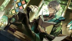 Rule 34 | 1boy, absurdres, ahoge, alhaitham (genshin impact), aqua eyes, black gloves, book, book stack, cape, crossed legs, cup, gem, genshin impact, gloves, green gemstone, grey hair, hair over one eye, highres, holding, holding book, holding cup, indoors, lamp, looking to the side, male focus, parted lips, partially fingerless gloves, short hair, sitting, solcha, solo, swept bangs, tree, vision (genshin impact)