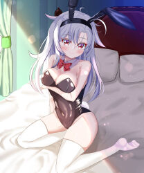 Rule 34 | 1girl, absurdres, animal ears, bed, blush, breasts, cleavage, closed mouth, collarbone, commentary request, covered navel, fake animal ears, grey hair, highres, leotard, long hair, medium breasts, original, pillow, playboy bunny, red eyes, ribbon, seiza, sitting, smile, solo, thighhighs, yoshino sakura (0db5t510388113n)