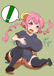 Rule 34 | 1girl, black shirt, black thighhighs, blush, breasts, cameltoe, covered erect nipples, covering nipples, covering privates, curvy, full body, highres, horns, huge breasts, ilulu (maidragon), kobayashi-san chi no maidragon, lactation, lactation through clothes, long hair, looking at viewer, matching hair/eyes, oomaeda, open mouth, panties, pointy ears, projectile lactation, red eyes, red hair, sharp teeth, shirt, short sleeves, shortstack, simple background, solo, sweatdrop, teeth, thick thighs, thighhighs, thighs, underwear