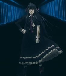 Rule 34 | 10s, asymmetrical sleeves, black dress, black hair, dress, drifters, easy (drifters), frilled dress, frills, gloves, highres, id card, long hair, necktie, short sleeves, star (symbol), stitched, striped legwear, third-party edit, uneven sleeves, white gloves
