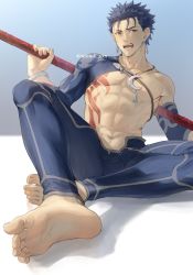 Rule 34 | 1boy, abs, bare pectorals, barefoot, blue background, blue hair, blue legwear, bodysuit, bracelet, chest tattoo, crescent, crescent necklace, cu chulainn (fate), cu chulainn (fate/stay night), cu chulainn (second ascension) (fate), earrings, fate/grand order, fate/stay night, fate (series), foot focus, foreshortening, full body, gae bolg (fate), hair strand, highres, igote, jewelry, looking at viewer, male focus, messy hair, mondi hl, muscular, navel, necklace, official alternate costume, open mouth, pectorals, red eyes, shadow, single bare shoulder, sitting, solo, tattoo