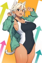 Rule 34 | 1girl, ahoge, animal ear fluff, animal ears, armpits, blonde hair, breasts, cat ears, cat girl, cat tail, cleavage, competition swimsuit, cowboy shot, dark-skinned female, dark skin, fang, hair between eyes, jacket, kr ohoshisama, looking at viewer, one-piece swimsuit, open mouth, original, short hair, simple background, skin fang, solo, swimsuit, tail, v, v over eye