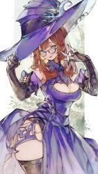 Rule 34 | 1girl, :p, adjusting clothes, adjusting headwear, bare shoulders, black-framed eyewear, black gloves, black thighhighs, blue eyes, blush, breasts, cleavage, cleavage cutout, clothing cutout, cowboy shot, detached sleeves, dress, elbow gloves, final fantasy, final fantasy xiv, gauntlets, glasses, gloves, hair between eyes, hands up, hat, highres, kemomin nosuke, large breasts, large hat, long hair, looking at viewer, mole, mole on cheek, orange hair, original, purple dress, purple hat, side slit, skindentation, sleeveless, solo, standing, thick thighs, thighhighs, thighs, tongue, tongue out, white background, witch, witch hat