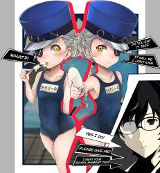 amamiya_ren blush caroline_(persona_5) english_text food ice_cream indirect_kiss justine_(persona_5) nenemu0 persona persona_5 school_swimsuit surprised swimsuit