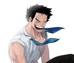 Rule 34 | 1boy, aged down, black hair, blue neckerchief, closed eyes, commentary request, facial scar, korean commentary, male focus, monkey d. garp, neckerchief, one piece, open mouth, scar, scar on cheek, scar on face, seseasl, short hair, simple background, sleeveless, smile, solo, teeth, uniform, white background