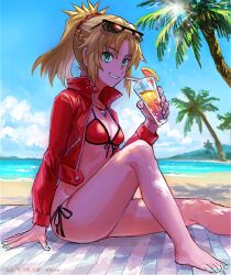 Rule 34 | 1girl, beach towel, bikini, blonde hair, blue eyes, blue nails, blue sky, cup, dated, eyewear on head, fate/apocrypha, fate (series), fon-due (fonfon), glint, grin, holding, holding cup, jacket, jewelry, looking at viewer, mordred (fate), necklace, palm tree, ponytail, red bikini, red jacket, shore, signature, sitting, sky, smile, solo, swimsuit, towel, tree