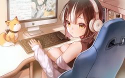 Rule 34 | 1girl, animal, at computer, bad id, bad pixiv id, bare shoulders, bob cut, book, bookshelf, brown hair, cable, chair, commentary request, computer, copyright request, desk, fox, from behind, headphones, highres, indoors, jacket, keyboard (computer), knees up, korean commentary, long sleeves, looking away, looking to the side, making-of available, misyune, monitor, multicolored hair, off shoulder, office chair, painting (object), puckered lips, short hair, short hair with long locks, sitting, sleeveless, streaked hair, swivel chair, turtleneck, white hair, white jacket, yellow eyes