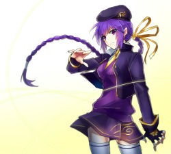 Rule 34 | 00s, 1girl, alternate costume, bad id, bad pixiv id, beret, braid, breasts, cropped jacket, eltnum, gloves, hair ribbon, hat, melty blood, purple eyes, purple hair, ribbon, single braid, single glove, sion eltnam atlasia, skirt, solo, string, sweater, thighhighs, tsukihime, under night in-birth, v-neck, white thighhighs, wrist cuffs, yusano, zettai ryouiki