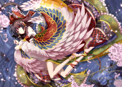 Rule 34 | 1girl, 9ji, 9ji (8giri), ankle ribbon, anklet, barefoot, bow, brown hair, cherry blossoms, colorful, detached sleeves, embellished costume, artistic error, feet, female focus, floral print, frills, from above, hair bow, hair tubes, hakurei reimu, japanese clothes, jewelry, leg ribbon, lying, miko, on side, red eyes, ribbon, short hair, smile, solo, touhou, water, wings