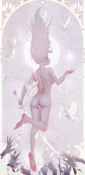 Rule 34 | 1girl, absurdres, ass, back, barcode, barcode tattoo, bare legs, barefoot, bird, completely nude, earrings, feet, highres, holding, holding sword, holding weapon, jewelry, katana, light rays, long hair, neck tattoo, nude, original, pigeon, qizhu, reaching, reaching towards viewer, silver hair, soles, sword, tattoo, toes, weapon, wristband