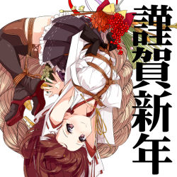 10s 1girl armpits bdsm black_thighhighs bondage boots bound breast_bondage breasts brown_eyes brown_hair covered_erect_nipples detached_sleeves female_focus kantai_collection kongou_(kancolle) large_breasts long_hair nontraditional_miko rope shibari smile solo suspension taromarun thigh_boots thighhighs upside-down