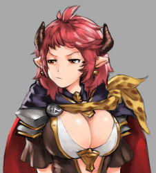 Rule 34 | ahoge, bad id, bad twitter id, breasts, cape, cleavage, draph, granblue fantasy, grey background, horns, pointy ears, pout, scarf, simple background, solo, sturm (granblue fantasy), tagme