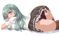Rule 34 | 1girl, ass, blush, breasts, brown skirt, brown thighhighs, dated, dd (ijigendd), green eyes, green hair, hair between eyes, hair ornament, hairclip, highres, kantai collection, large breasts, long hair, looking at viewer, lying, on stomach, panties, pleated skirt, purple panties, shirt, short sleeves, side-tie panties, simple background, skirt, smile, solo, suzuya (kancolle), thighhighs, underwear, white background, white shirt