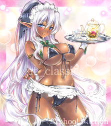 Rule 34 | 1girl, apron, artist name, at classics, bikini, black bikini, black thighhighs, blue eyes, bow, bowtie, breasts, cameltoe, cleft of venus, closed mouth, covered erect nipples, cowboy shot, cup, dark-skinned female, dark elf, dark skin, detached collar, elf, front-tie bikini top, front-tie top, green bow, green bowtie, headdress, holding, holding tray, large breasts, long hair, looking at viewer, micro bikini, original, pointy ears, sample watermark, side-tie bikini bottom, sidelocks, solo, swimsuit, teacup, teapot, thighhighs, traditional media, tray, very long hair, waist apron, watermark, white apron, white hair, wrist cuffs
