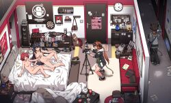 Rule 34 | 1boy, 3girls, ^ ^, absurdres, ahoge, animal ears, arknights, bag, bean bag chair, bed, bison (arknights), black footwear, black hair, black jacket, black pants, black shorts, window blinds, box, bra, unworn bra, breasts, brown bag, brown eyes, brown hair, bulletin board, camera, can, cardboard box, cellphone, censored, character doll, charging device, chest of drawers, clock, closed eyes, couch, cow boy, cow girl, cow horns, cow tail, croissant (arknights), cushion, dartboard, detached wings, door, doorway, electrical outlet, energy wings, exusiai (arknights), fur-trimmed jacket, fur trim, futanari, gloves, hallway, halo, handbag, highres, horns, jacket, kataokasan, kettle, loaded interior, long hair, medium breasts, multiple girls, navel, nintendo switch, nintendo switch pro controller, nipples, nude, ok sign, on bed, open mouth, orange hair, pants, penguin logistics logo, penis, phone, phonograph, pink bra, pitcher (container), ponytail, record, recording, red hair, scroll, shoes, short hair, shorts, smartphone, snack, speaker, spoken star, spread legs, star (symbol), stuffed animal, stuffed penguin, stuffed rabbit, stuffed toy, tail, texas (arknights), emperor (arknights), thermos, thumbs up, trash can, tripod, underwear, visor cap, walking, wall clock, white gloves, white jacket, window, wings, wire, wolf ears, wolf girl, wolf tail
