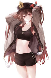 Rule 34 | 1girl, absurdres, arms behind head, arms up, black hat, blush, breasts, brown hair, commentary, flower, flower-shaped pupils, genshin impact, grin, hat, hat flower, highres, hu tao (genshin impact), long hair, medium breasts, navel, plum blossoms, rable, red eyes, smile, solo, sports bra, standing, symbol-shaped pupils, twintails
