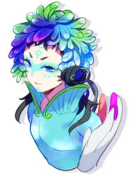 Rule 34 | 1other, androgynous, biseibutu, blue eyes, blue hair, facepaint, facial mark, feathers, forehead mark, gnosia, green eyes, green hair, headphones, highres, long hair, long sleeves, looking at viewer, makeup, multicolored hair, other focus, raqio, simple background, solo, tattoo, upper body