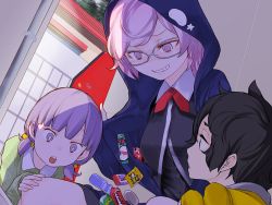 Rule 34 | 1boy, 2girls, :o, black eyes, black hair, black jacket, blue hoodie, blunt bangs, candy, collared jacket, cropped jacket, cross tie, daito academy school uniform, food, food request, game cg, glasses, grin, hand on another&#039;s knee, hood, hood up, hoodie, jacket, kazari jun, magia record: mahou shoujo madoka magica gaiden, mahou shoujo madoka magica, multiple girls, necktie, official art, open mouth, parted lips, pink eyes, pink hair, purple eyes, purple hair, red necktie, school uniform, short hair, smile, star (symbol), swept bangs, teeth, twintails, yasuda suzuhito