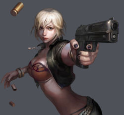Rule 34 | 1girl, artist request, bangle, belt, black jacket, black nails, black panties, blonde hair, blue eyes, bra, bracelet, breasts, cleavage, closed mouth, contrapposto, counter-strike, counter-strike (series), counter-strike online, fingernails, grey background, gun, h&amp;k usp, handgun, holding, holding weapon, jacket, jennifer (counter-strike online), jewelry, lips, medium breasts, midriff, nail polish, necklace, official art, open clothes, open jacket, panties, pencil skirt, red bra, serious, short hair, simple background, skirt, solo, stomach, underwear, weapon, wristband