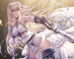 Rule 34 | 1girl, ahoge, bare shoulders, blonde hair, blue eyes, blue thighhighs, breasts, dress, flower, gauntlets, granblue fantasy, hair flower, hair intakes, hair ornament, hairband, ivris, jeanne d&#039;arc (granblue fantasy), large breasts, sideboob, signature, solo, standard bearer, sword, thighhighs, torn clothes, torn dress, weapon, white dress