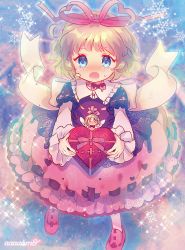 Rule 34 | &gt; &lt;, 1girl, absurdres, amo (shibu3), artist name, blonde hair, blouse, blue eyes, blush, bow, bowtie, collar, commentary request, fairy, fairy wings, frilled collar, frilled skirt, frills, full body, gift, hair bow, hair ribbon, highres, holding, holding gift, juliet sleeves, layered sleeves, long sleeves, looking at viewer, medicine melancholy, open mouth, pink footwear, pink ribbon, pink skirt, presenting, puffy sleeves, red shirt, ribbon, ribbon-trimmed blouse, ribbon-trimmed skirt, ribbon trim, sash, shirt, shoes, short hair, short over long sleeves, short sleeves, skirt, snowflakes, solo, solo focus, sparkle, su-san, touhou, white sash, wings