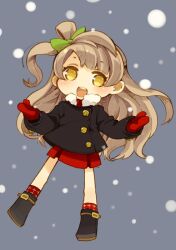 Rule 34 | 1girl, brown eyes, brown hair, chibi, commentary, full body, hair ornament, long hair, love live!, love live! school idol project, minami kotori, mota, one side up, open mouth, simple background, skirt, smile, snowing, solo