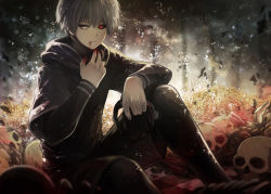 Rule 34 | 10s, 1boy, angel31424, black sclera, blood, blood from mouth, blood in mouth, blood on hands, bone, colored sclera, grey eyes, heterochromia, hood, hoodie, kaneki ken, male focus, mismatched sclera, red eyes, short hair, signature, sitting, skull, solo, tokyo ghoul, turtleneck, white hair