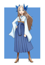 Rule 34 | 1girl, anchor, asakaze (kancolle), birii, blonde hair, blue eyes, blue ribbon, boots, clenched hand, cross-laced footwear, full body, furisode, hair ribbon, hakama, hakama skirt, hand on own hip, high heel boots, high heels, japanese clothes, kantai collection, kimono, knee boots, lace-up boots, long hair, looking at viewer, meiji schoolgirl uniform, open mouth, parted bangs, ribbon, simple background, skirt, solo, wavy hair
