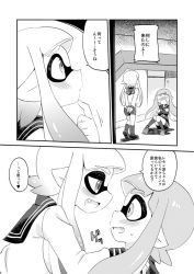 Rule 34 | 2girls, arms behind back, blush, comic, eromame, fang, from side, full body, greyscale, inkling, inkling girl, inkling player character, long sleeves, monochrome, motion lines, multiple girls, nintendo, outdoors, pointy ears, profile, sailor, sailor collar, school uniform, serafuku, short hair with long locks, simple background, sitting, speech bubble, splatoon (series), splatoon 1, talking, tentacle hair, tooth, twintails, walking, white background, yuri