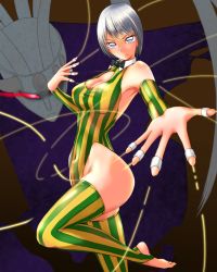 Rule 34 | 1girl, 1other, armpits, artist request, ass, breasts, curvy, from below, glowing, glowing eyes, gluteal fold, grey eyes, grey hair, groin, hair between eyes, harlequin (karakuri circus), highleg, highleg leotard, highres, karakuri circus, large breasts, leotard, looking at viewer, looking to the side, marionette, parted lips, puppet, red eyes, serious, shaded face, shirogane (karakuri circus), short hair, standing, string, striped clothes, striped legwear, striped leotard, swept bangs, thighs, thong leotard, vertical-striped clothes, vertical-striped legwear, vertical-striped leotard, wide hips