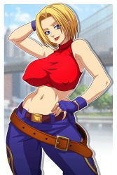 Rule 34 | 1girl, belt, blonde hair, blue eyes, blue mary, breasts, covered erect nipples, denim, fatal fury, fingerless gloves, gloves, hand on own hip, highres, jeans, lipstick, makeup, midriff, pants, sano br, short hair, snk, solo, the king of fighters