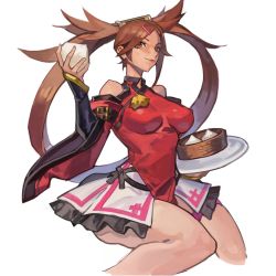 Rule 34 | 1girl, absurdres, arc system works, baozi, bare shoulders, breasts, brown eyes, brown hair, chinese clothes, closed mouth, covered erect nipples, detached sleeves, dress, food, frilled skirt, frills, guilty gear, guilty gear x, guilty gear xx, hair ornament, hairclip, highres, holding, holding food, holding plate, knees together feet apart, kuradoberi jam, long hair, looking at viewer, medium breasts, plate, red dress, simple background, sitting, skirt, solo, uncle rabbit ii, very long hair, white background, wide sleeves