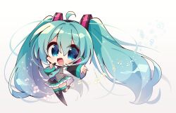 Rule 34 | 1girl, adjusting headphones, ahoge, aqua eyes, aqua hair, aqua trim, bare shoulders, black footwear, black skirt, black sleeves, blue necktie, blush, boots, chibi, detached sleeves, frilled shirt, frilled skirt, frills, full body, grey shirt, hair between eyes, hair ornament, hatsune miku, headphones, highres, leg up, long hair, long sleeves, looking at viewer, misosiru 0224, musical note, necktie, open mouth, outstretched arm, pleated skirt, shirt, simple background, skirt, sleeveless, sleeveless shirt, smile, solo, standing, standing on one leg, thigh boots, thighhighs, twintails, very long hair, vocaloid, white background, wide sleeves