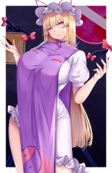 Rule 34 | 1girl, black background, blonde hair, breasts, closed mouth, commentary, dress, gap (touhou), hat, hat ribbon, large breasts, long hair, looking at viewer, mirufui, mob cap, red ribbon, ribbon, road sign, shorts, sign, simple background, solo, tabard, touhou, white dress, white hat, yakumo yukari, yellow eyes