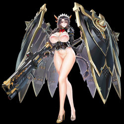 Rule 34 | 1girl, black background, black hair, black wyrm (last origin), blush, bottomless, braid, breasts, breasts out, bridal gauntlets, cleavage cutout, cleft of venus, clothing cutout, corset, feet, female focus, full body, garter straps, groin, gun, headgear, high heels, holding, holding weapon, large breasts, last origin, legs, light blush, long hair, looking at viewer, low-tied long hair, machinery, maid, maid headdress, nipples, no panties, open mouth, pussy, red eyes, see-through, shield, single braid, solo, standing, tachi-e, taesi, thick thighs, thighs, third-party edit, uncensored, weapon