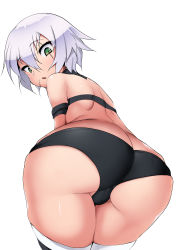 Rule 34 | 1girl, absurdres, ass, bent over, black panties, blush, butt crack, c-low, fate/apocrypha, fate (series), green eyes, highres, huge ass, jack the ripper (fate/apocrypha), looking back, panties, scar, scar across eye, scar on face, short hair, silver hair, solo, thighhighs, underwear, white background