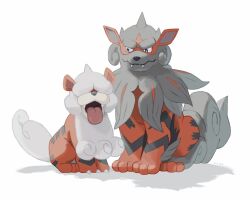Rule 34 | black eyes, bright pupils, claws, closed mouth, commentary, creatures (company), evolutionary line, fangs, game freak, highres, hisuian arcanine, hisuian growlithe, looking down, mokuzou (moku ssbu), nintendo, no humans, open mouth, pokemon, pokemon (creature), sitting, symbol-only commentary, tongue, tongue out, white background, white pupils