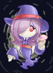 Rule 34 | 1girl, alternate costume, artist request, cosplay, eyeshadow, female focus, hair over one eye, hat, kirby: planet robobot, kirby (series), light purple hair, little witch academia, long hair, makeup, mushroom, name connection, nintendo, red eyes, solo, sucy manbavaran, sucy manbavaran (cosplay), susie (kirby), very long hair, witch hat