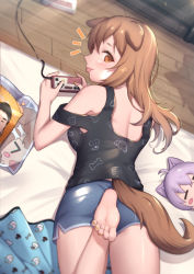 Rule 34 | 1girl, animal ears, animal print, ass, bare shoulders, barefoot, bone print, breasts, brown eyes, brown hair, denim, denim shorts, dog ears, dog girl, dog print, dog tail, doll, famicom gamepad, feet, foreshortening, from behind, highres, hololive, inugami korone, inugami korone (loungewear), long hair, looking at viewer, looking back, lying, medium breasts, on stomach, on stool, playing games, short shorts, shorts, smile, soles, tail, tank top, thighs, toes, tongue, tongue out, uneg, virtual youtuber