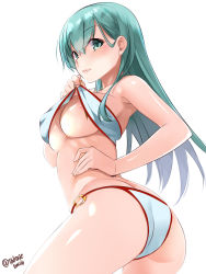 Rule 34 | 1girl, ass, bare arms, bare legs, bare shoulders, bikini, blush, breasts, closed mouth, cowboy shot, green eyes, green hair, hair between eyes, highres, kantai collection, large breasts, long hair, o-ring, o-ring bikini, simple background, solo, suzuya (kancolle), swimsuit, takase muh, twitter username, white background